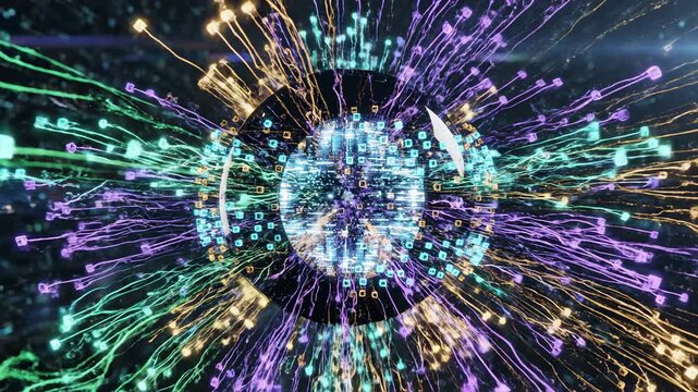 Slow motion visualization of a centralized spherical data hub rapidly absorbing and emitting intense streams of organized information packets complexity, abstract, server