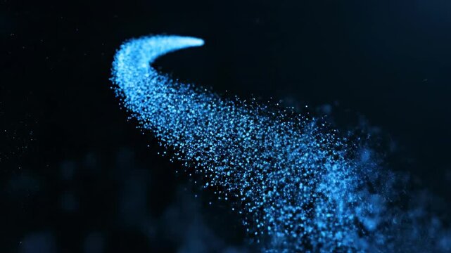 Slow motion visualization of brilliant blue particles gathering and forming a distinct upward trajectory curve before gently dissolving into a deep void background success, texture, flow