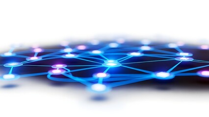 A glowing blue network of interconnected nodes on a white background