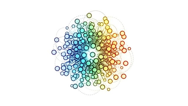 A vibrant circular network of colorful interconnected nodes on a white background - Powered by Adobe