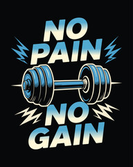 No Pain No Gain Fitness Quote with Blue Barbell Illustration Vector.