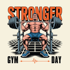 Stronger Gym Day Bodybuilder Squat Rack Retro Vintage Illustration