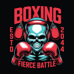 Boxing Skull Illustration with Red Gloves and Fierce Battle Typography