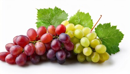 Fototapeta premium bunch of red and green grapes with leaves on white background