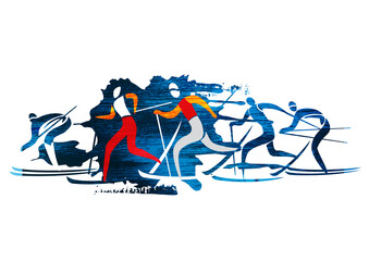 Cross Country Skiers.
A stylized drawing of three cross-country ski competitors. 