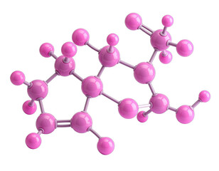 A detailed 3D rendering of a pink molecular structure against a black background