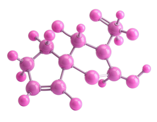 A detailed 3D rendering of a pink molecular structure against a black background