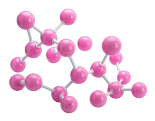 Pink molecular model with spheres and bonds, illustrating chemical structure on black