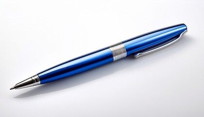 blue metallic ballpoint pen with silver accents on white backgro