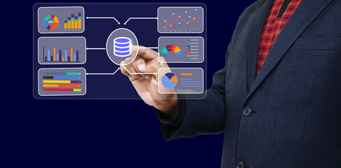 For data business analysis and data management systems with KPIs and metrics linked to databases for technology finance, operations, sales, and marketing, an analyst utilizes a computer and dashboard.
