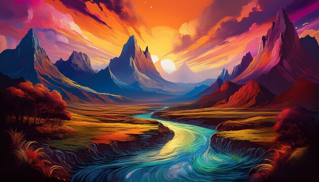 a vast otherworldly landscape showcases towering peaks a meandering stream and vibrant colors against a backdrop of a digital sky - Powered by Adobe