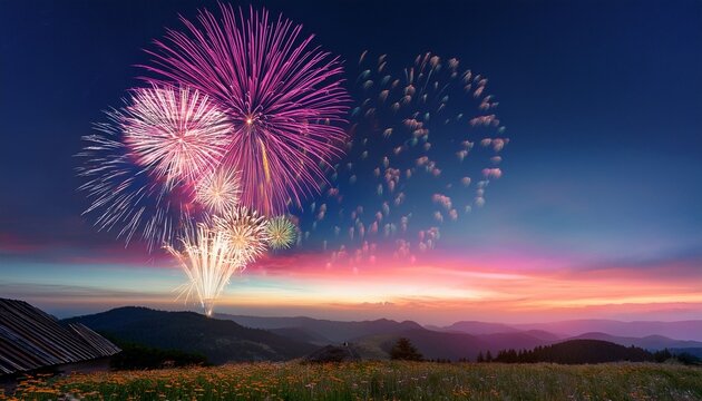 a vibrant display of fireworks bursts against a picturesque landscape at dawn showcasing a spectacular colorful celebration - Powered by Adobe