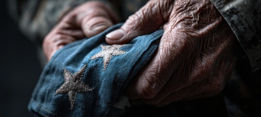 Close-Up of Veteran Holding Star-Embroidered Cloth with Slate Grey Background