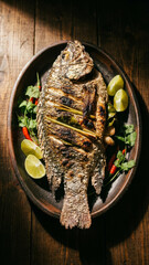 Whole Grilled Fish Stuffed with Herbs on Wooden Plate