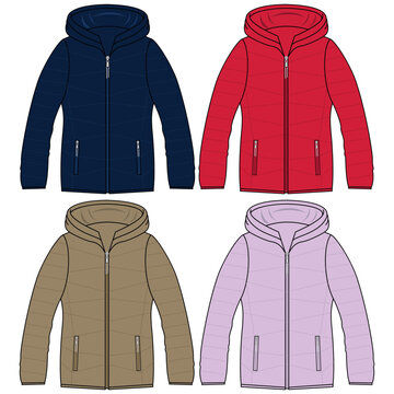 Silhouette of winter jacket sets, with cuts and volume, hood and some decorative elements for both ladies and gentlemen, boys and girls fashion.