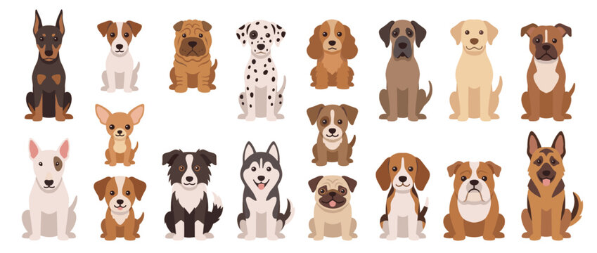 An array of cartoon dog breeds sitting upright, showcasing diverse appearances and colors.