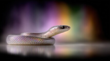 Fototapeta premium A white snake perched atop a table, nestled beside a vibrant rainbow backdrop and mirrored reflection of its head