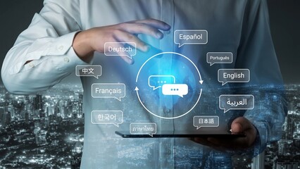 Innovative Communication Concept with Multiple Languages and Technology at Night Cityscape Background for Global Connectivity Gluon.