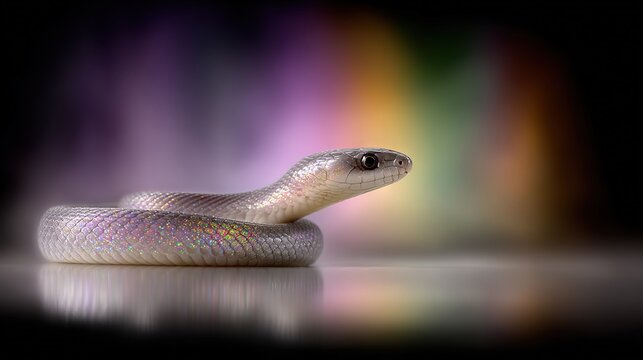   A white snake perched atop a table, nestled beside a vibrant rainbow backdrop and mirrored reflection of its head