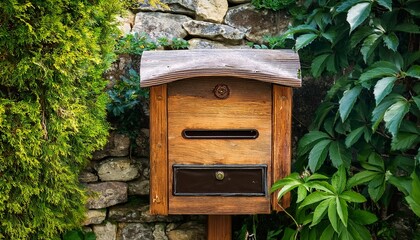 Rustic Wooden Mailbox Surrounded By Vibrant Greenery And Stone Wall