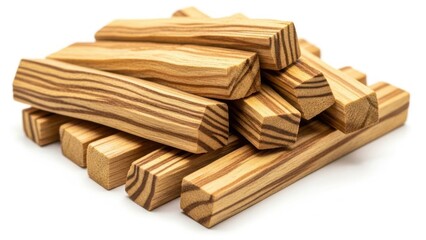 Pile of wooden sticks on white background