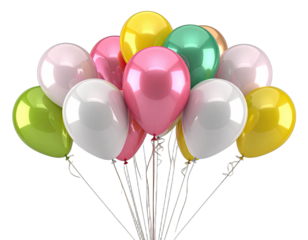 A cluster of brightly colored, glossy balloons floating against a black background.
