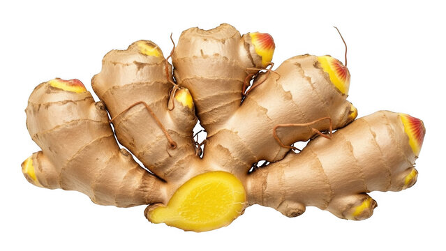 Fresh ginger root with visible knobs and yellow interior isolated on transparent background