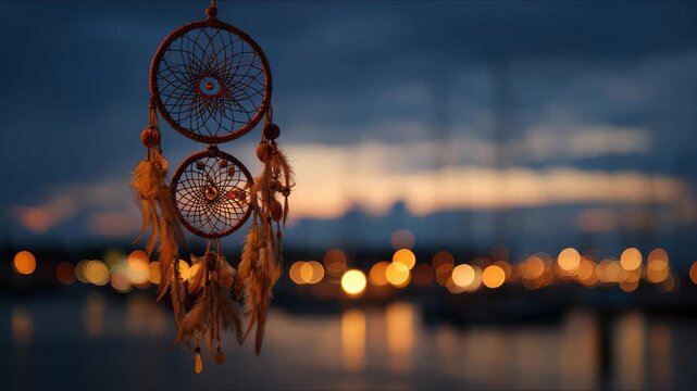 Dream catcher hangs in focus with lights from a harbor in the background during twilight near a marina filled with boats