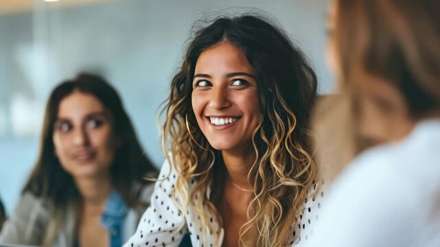 Smiling young woman with curly hair and dimples, laughing with friends at a table, cheerful social interaction in an indoor setting