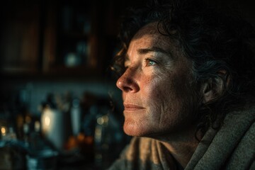 Obraz premium Middle-aged person leaning on a surface in a dimly lit room during evening