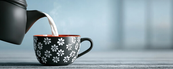 Black teapot pouring frothed milk into a patterned cup on a wooden table, preparing hot beverage