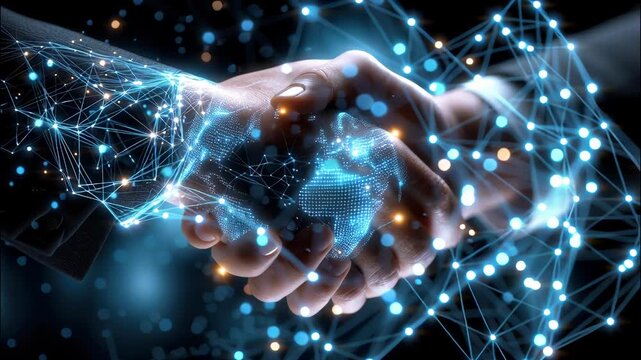 Two hands shaking, forming a digital world map a network of glowing lines, representing partnership global and technology video 4k