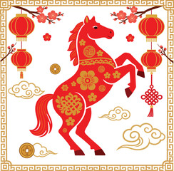Naklejka premium Chinese New Year Red Horse Illustration with Lanterns Flowers Clouds and Traditional Decorations Isolated on White