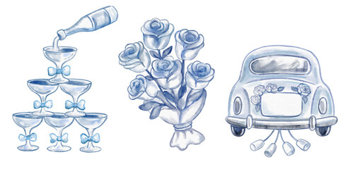 Watercolor wedding celebration set with champagne tower, bouquet of roses and decorated car. Elegant romantic illustration isolated on transparent background for wedding design.