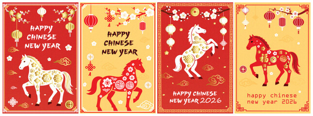 Chinese New Year Horse with Lanterns Plum Blossoms and Coins Festive Greeting Card Design Elements Celebration Background