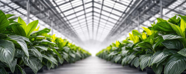 Greenhouse interior managing rows of ornamental plants, developing agriculture and sustainable growth in a nursery facility