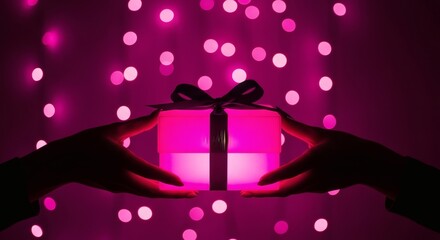 Silhouetted hands gently present a radiant glowing pink gift box against a backdrop of enchanting festive bokeh lights, symbolizing heartfelt joy and generosity