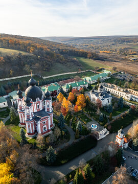 aerial drone view Curchi Monastery complex in Moldova during autumn