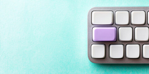 Purple key standing out among blank white keyboard keys, symbolizing choice, innovation, and custom solutions