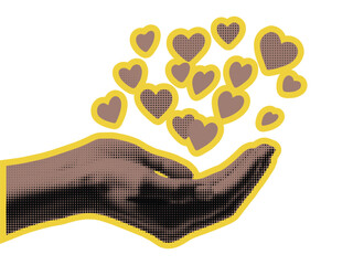 Obraz premium Hand releasing hearts in a pop art style with yellow outline
