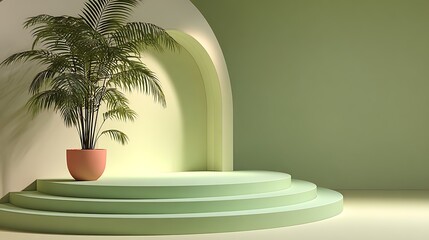 Green pastel minimalist setup, three-step round stage, potted palm beside, soft diffused glow