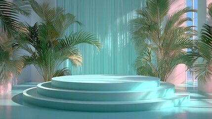 Pastel jade minimalist studio setup, layered round stage, tropical palm leaves, smooth bright reflections