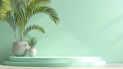 Mint pastel tone background, three-step round stage, potted palm leaves on side, soft luxurious light