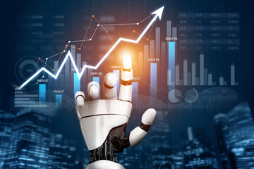 A robot hand symbolizes technological advancement in finance, showcasing data visualizations and growth trends against a dynamic cityscape. Perfect for tech and business themes. Scalp