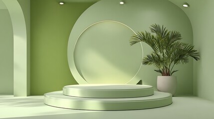 Green pastel minimalist scene, layered circular podium, palm accent, clean modern lighting