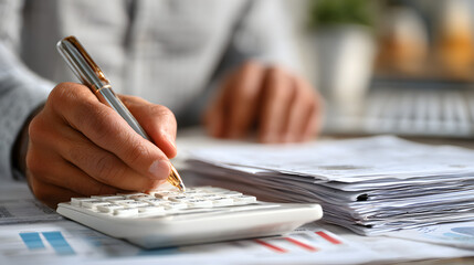 White calculator is on financial documents on the office desk, with an accountant taking notes, emphasizing accounting, finance, and tax preparation, close up. Audit and taxes concept