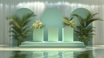 Soft jade minimalist setup, layered triple podium, palm decor beside, bright calm reflection