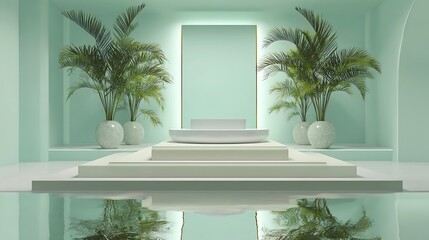Soft jade minimalist setup, layered triple podium, palm decor beside, bright calm reflection