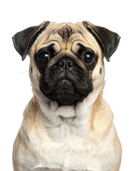 Obraz premium A striking studio portrait of a fawn Pug dog against a solid black background.
