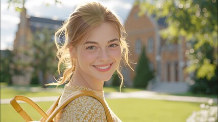 Female student with backpack smiling and waving hand, standing on university campus. Ready or greeting education video 4k